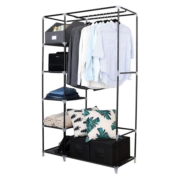 64" Portable Wardrobe – Foldable Clothes Storage Closet with Shelves & Hanging Rail (Black)