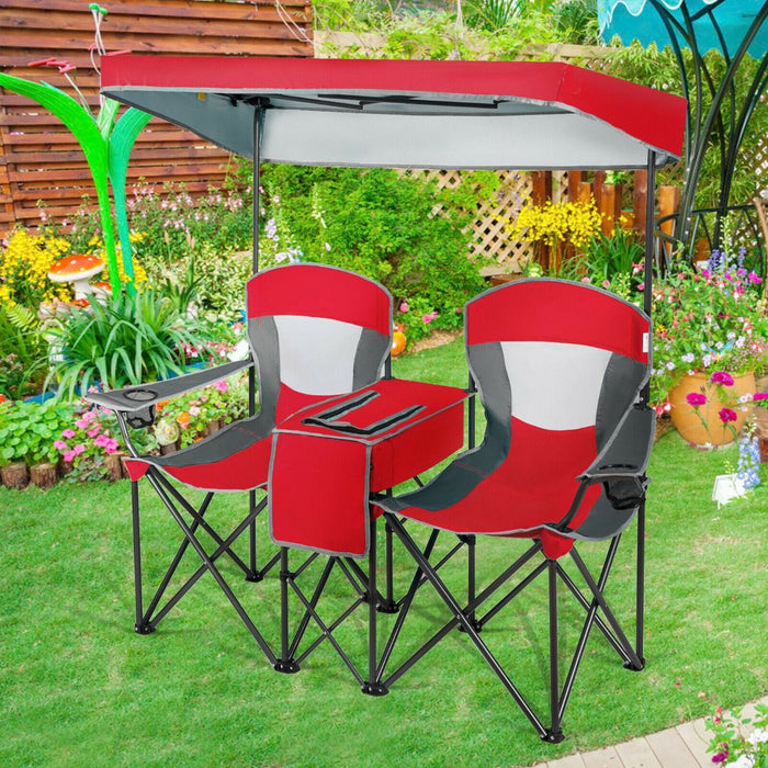 Double Folding Camping Chair with Canopy and Armrests