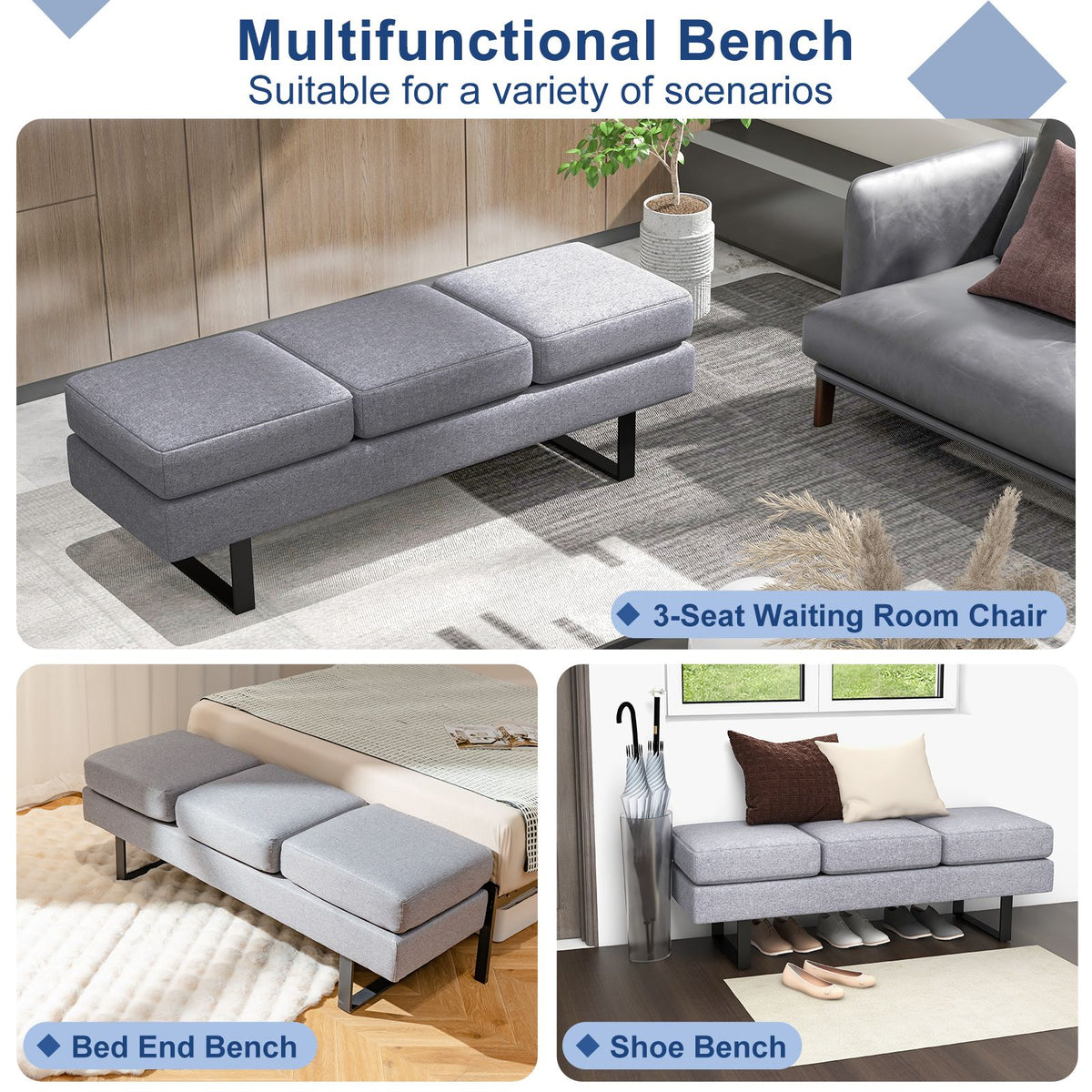 Waiting Room Bench Seating with 3 Seats and Metal Frame Leg