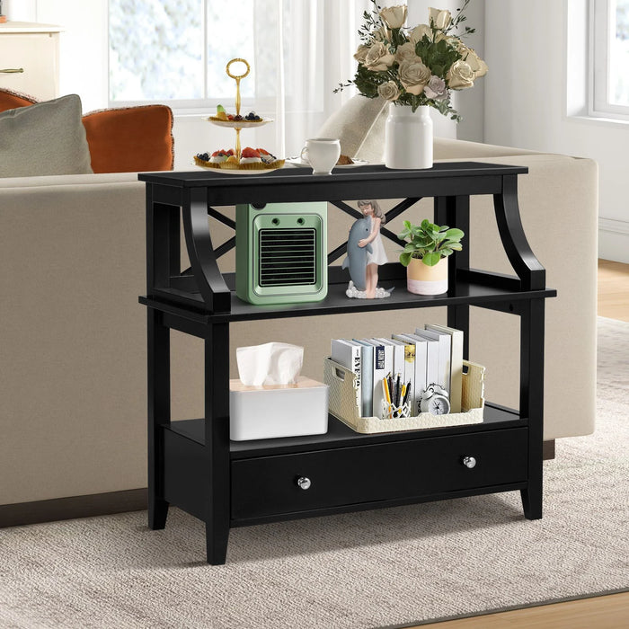 3-Tier X-Shaped Console Table with Drawer and Open Storage Shelves