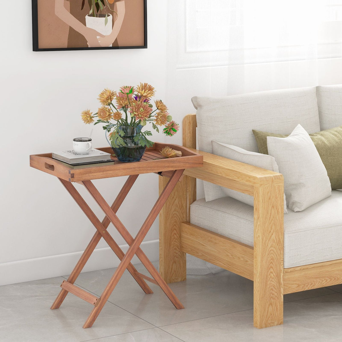Wooden Side Table with Slatted Tabletop and Sturdy X-Shaped Frame