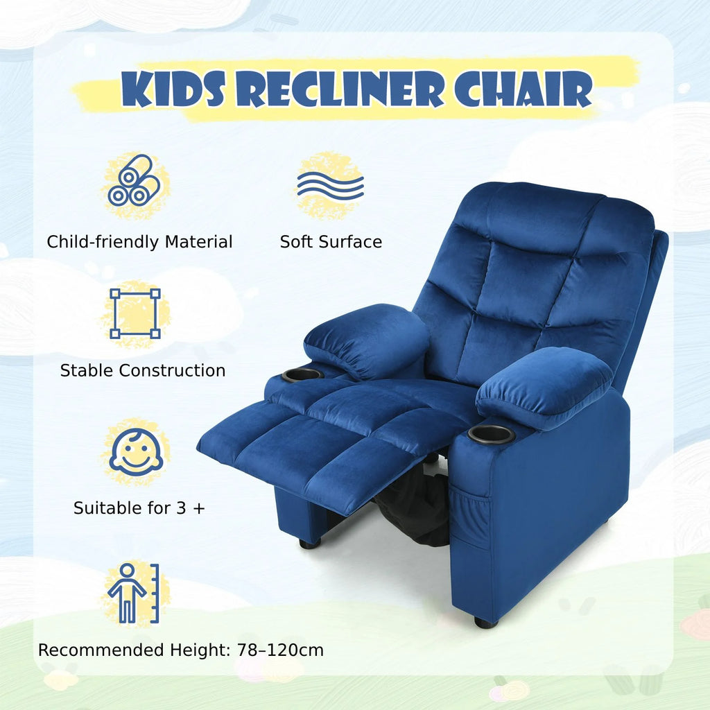 SEDOL Deluxe Larger Kids Recliner Armchair with Dual Cup Holders and Storage Pockets Premium Velvet Children’s Lounge Chair with 130° Adjustable Backrest & Pine Wood Frame