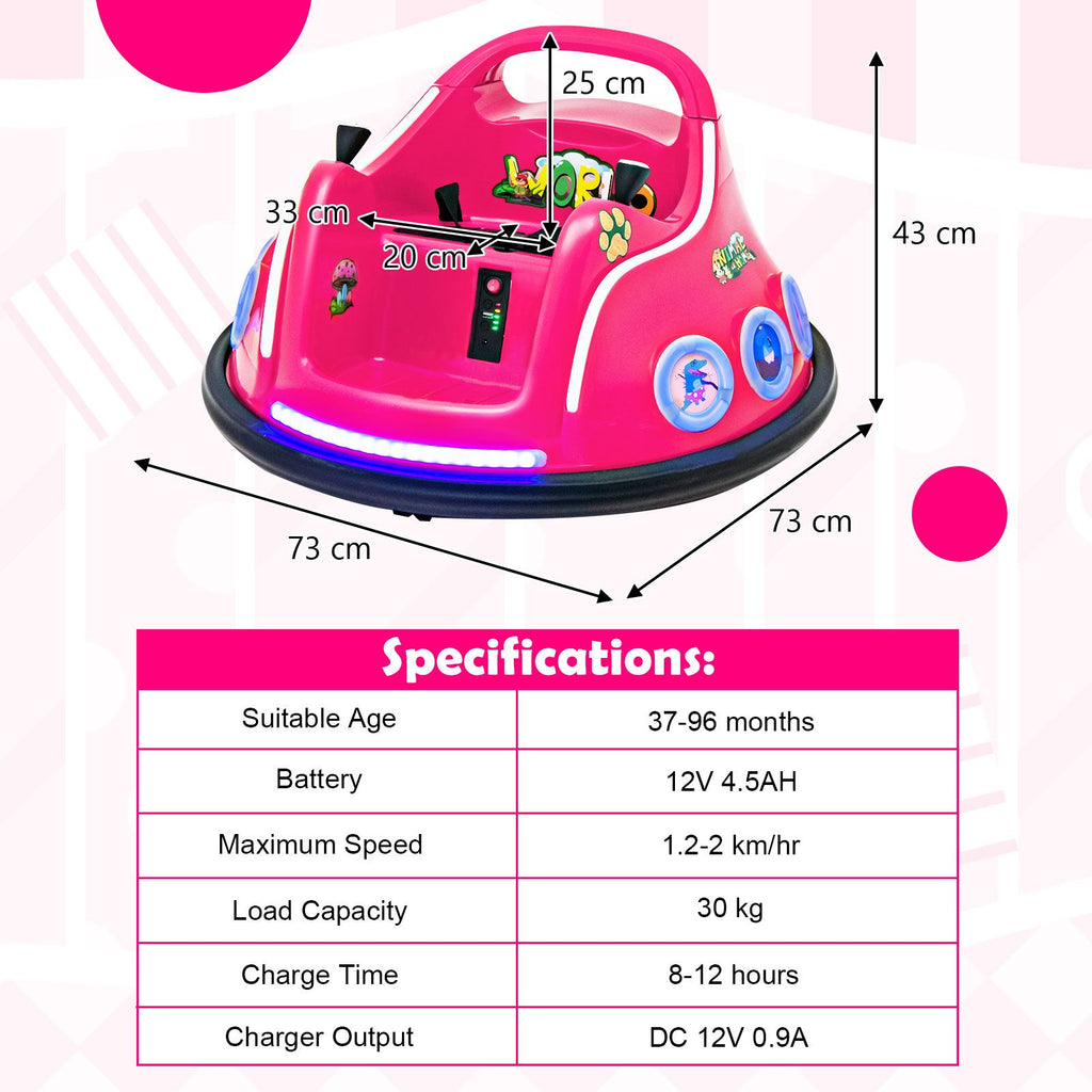 SEDOL 12V High-Performance Kids Bumper Car with 360° Rotation Parental Remote Control Wireless Bluetooth Audio and LED Light Show – 30kg Capacity