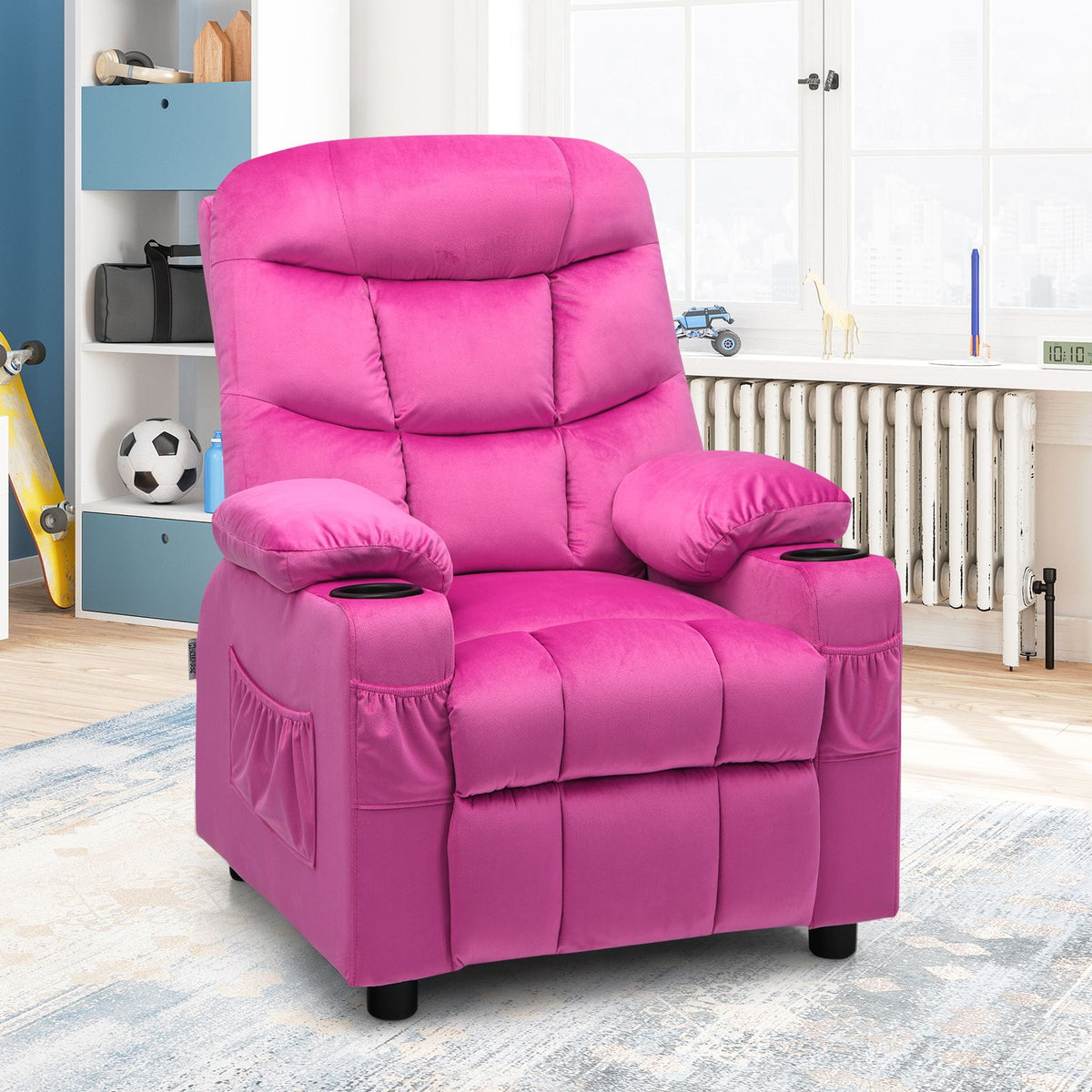 SEDOL Deluxe Larger Kids Recliner Armchair with Dual Cup Holders and Storage Pockets Premium Velvet Children’s Lounge Chair with 130° Adjustable Backrest & Pine Wood Frame