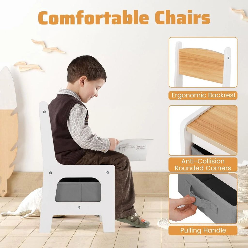 4 in 1 Kids Table and Chairs Set with Reversible Tabletop and Bookshelves