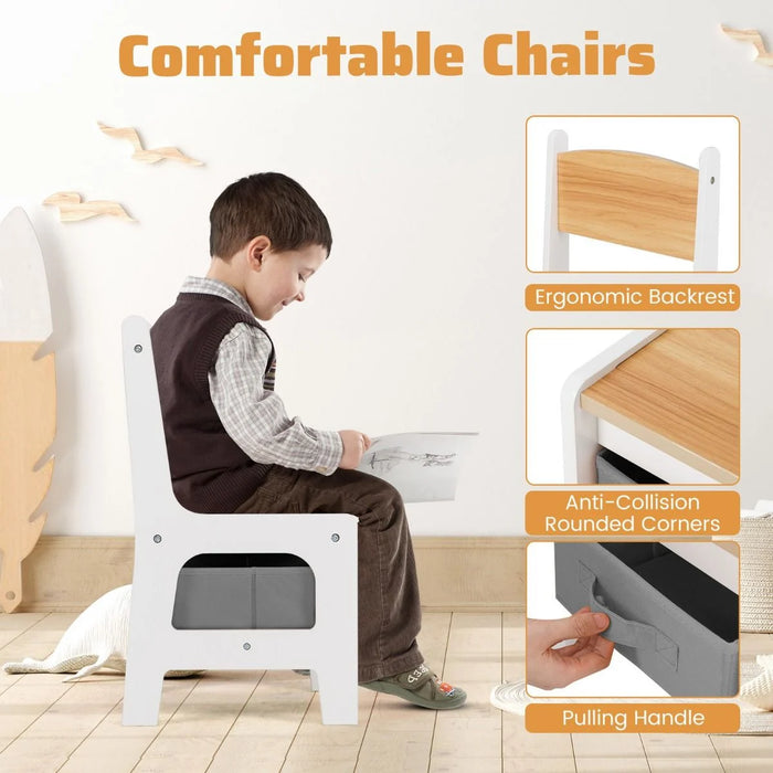 4 in 1 Kids Table and Chairs Set with Reversible Tabletop and Bookshelves