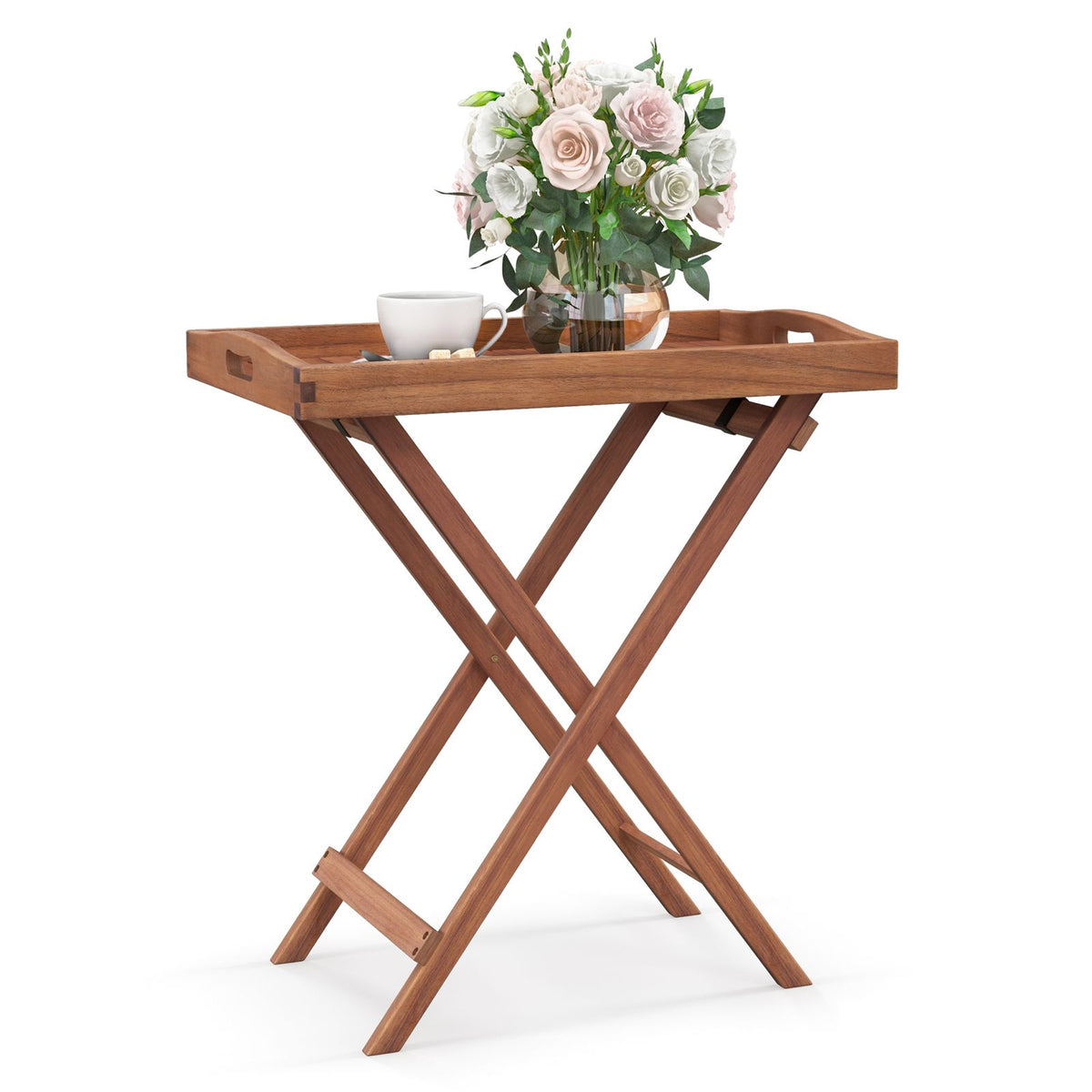 Wooden Side Table with Slatted Tabletop and Sturdy X-Shaped Frame