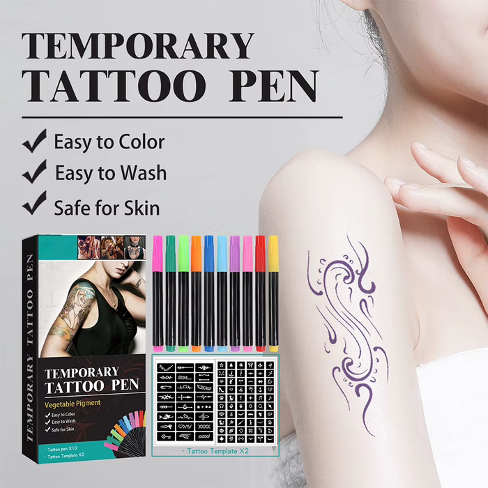 SEDOL Temporary Tattoo Ink Set – 10 Colour Body Art Pens with 2 Stencils, Skin-Safe Plant Pigment Markers for Drawing, Painting & Creative Body Designs