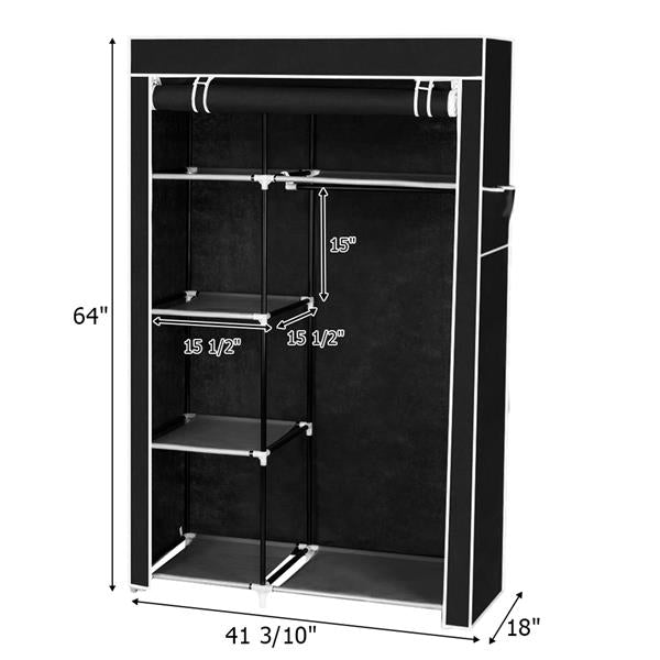 64" Portable Wardrobe – Foldable Clothes Storage Closet with Shelves & Hanging Rail (Black)