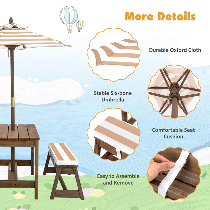 Kids Picnic Table with Cushions & Adjustable Umbrella – Fir Wood Play Table for 4