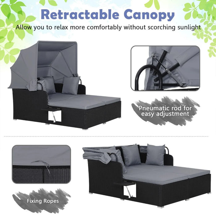 Rattan Daybed with Retractable Canopy, Cushions & Side Trays