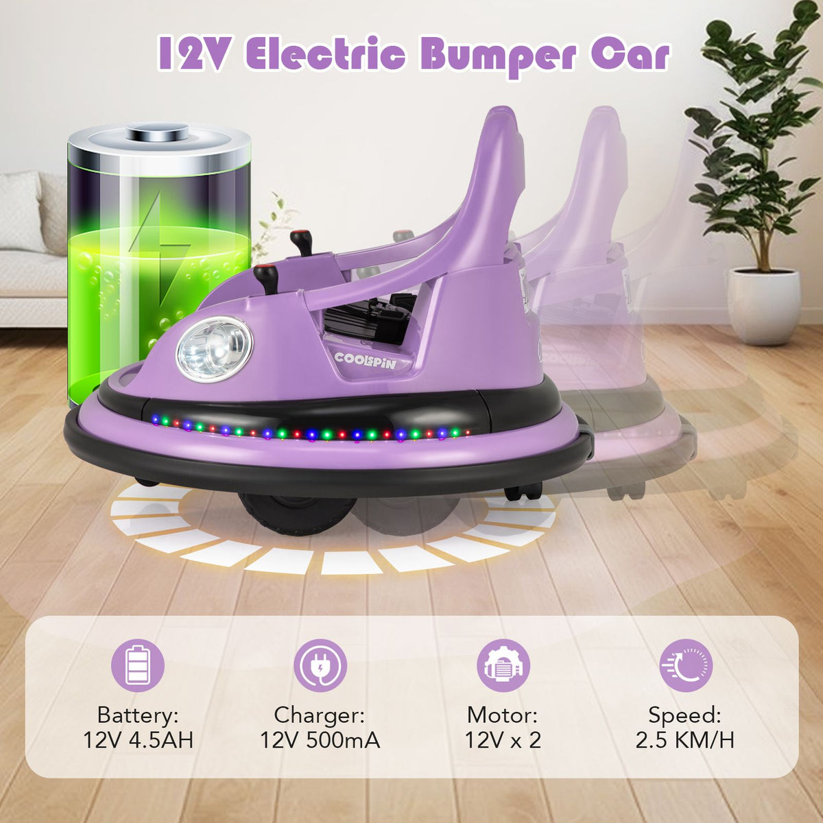 SEDOL 12V High-Performance Kids Bumper Car with 5-Point Safety Harness 360° Zero-Turn Dual Joysticks and 5-Mode LED Light Show – 12V Powered for Ages 3+