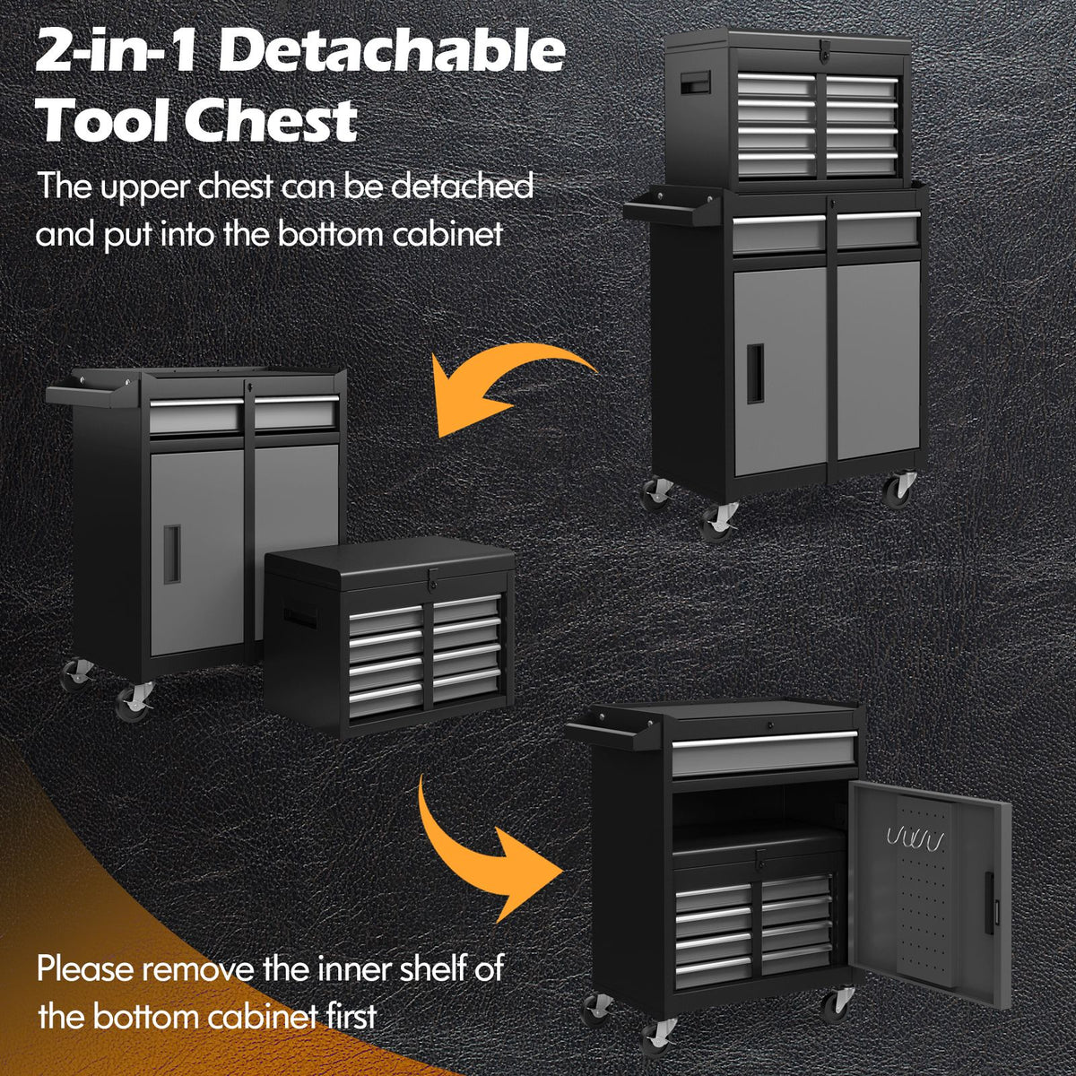 High-Capacity Rolling Tool Cabinet – Lockable Wheels, Metal 2‑in‑1 Chest & Base