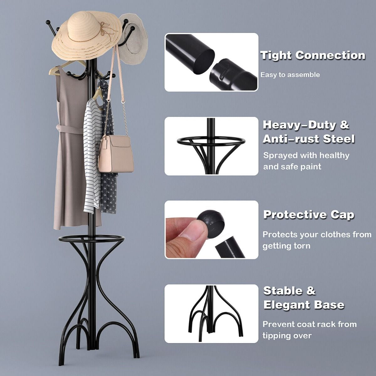 Modern Freestanding Metal Coat Stand with 12 Hooks