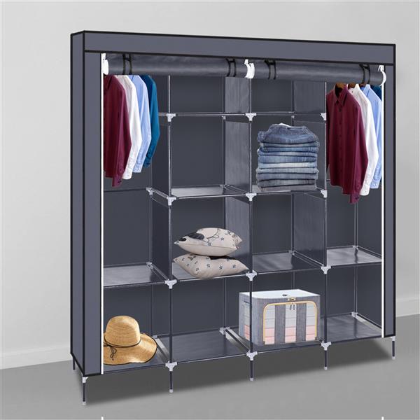 67" Portable Clothes Wardrobe – 12-Shelf Fabric Closet Organiser (Grey)