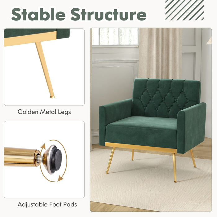 Modern Velvet Accent Chair with Button Tufted Back and Golden Metal Legs