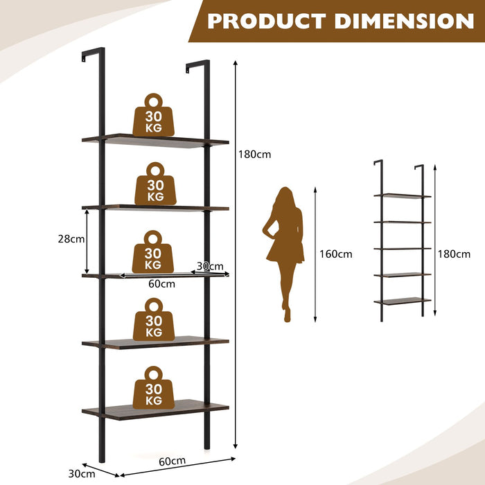 5-Tier Ladder Shelf with Steel Frame for Living Room Bedroom Office