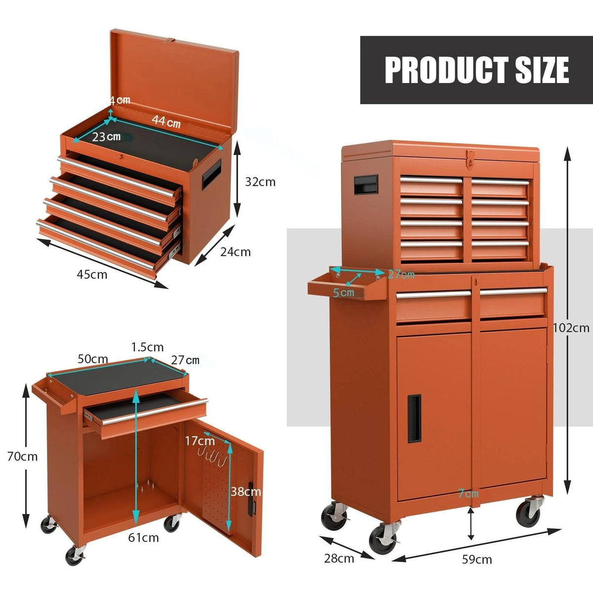 High-Capacity Rolling Tool Cabinet – Lockable Wheels, Metal 2‑in‑1 Chest & Base