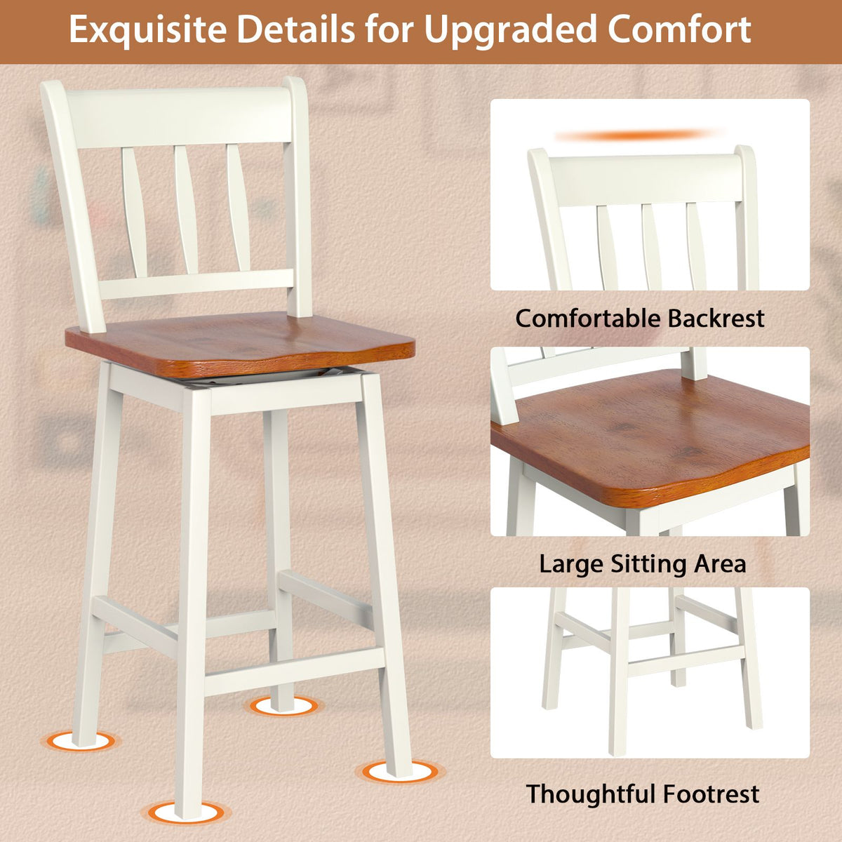 Set of 2 97Cm Swivel Rubber Wood Bar Stools with Backrest and Footrest