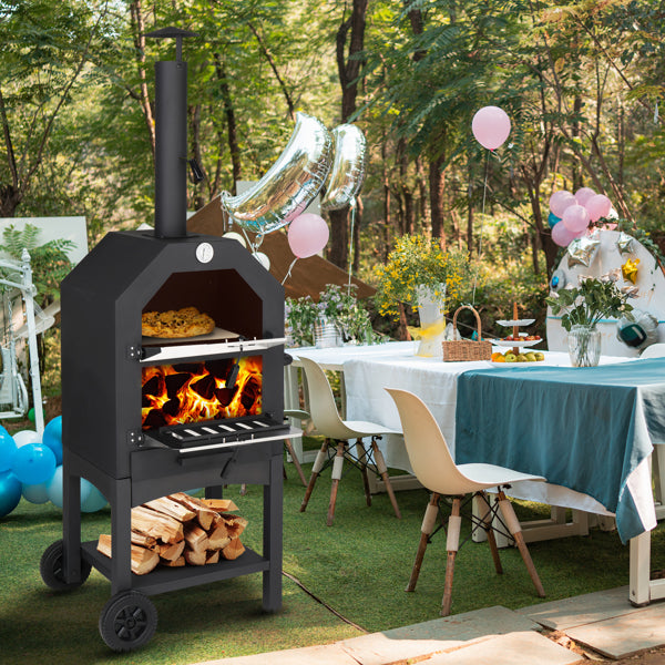 Outdoor Wood-Fired Pizza Oven – Portable Garden Pizza Maker with Stone, Peel & Grill Rack