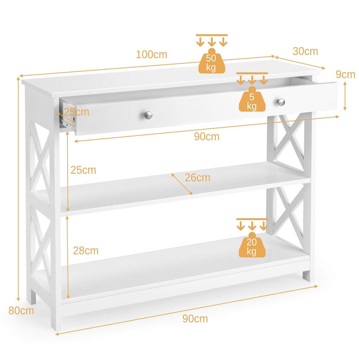 3-Tier Console Table with 1 Drawer and 2 Storage Shelves