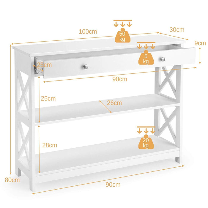 3-Tier Console Table with 1 Drawer and 2 Storage Shelves