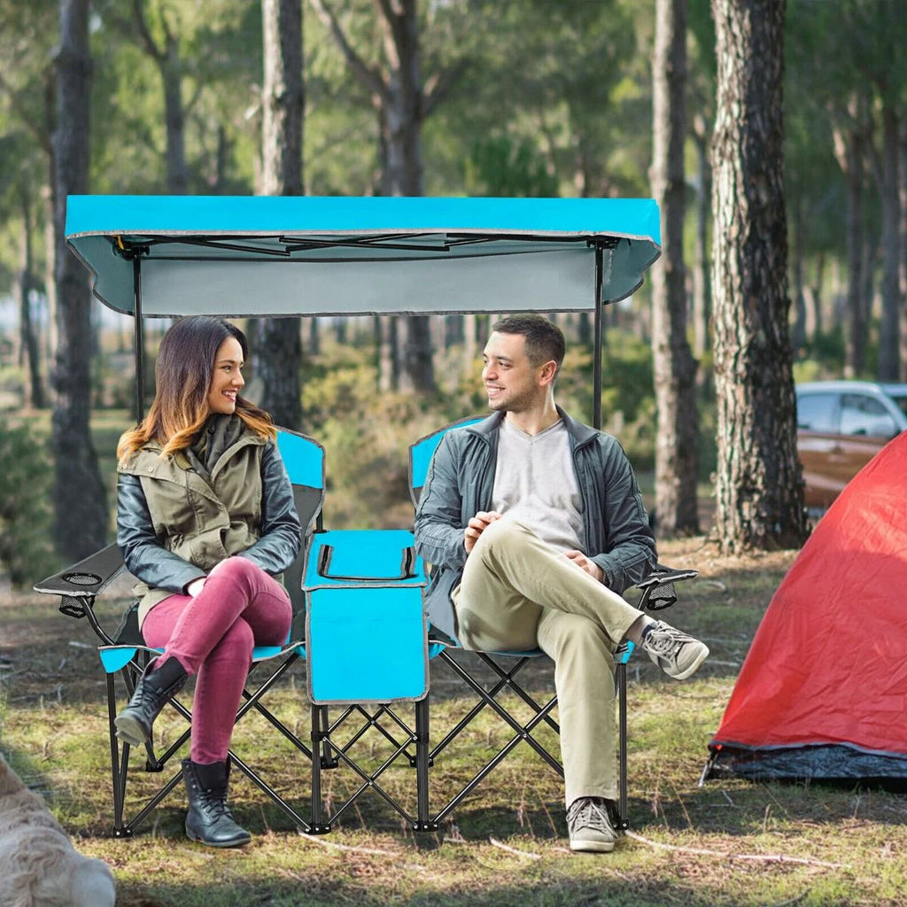 Double Folding Camping Chair with Canopy and Armrests