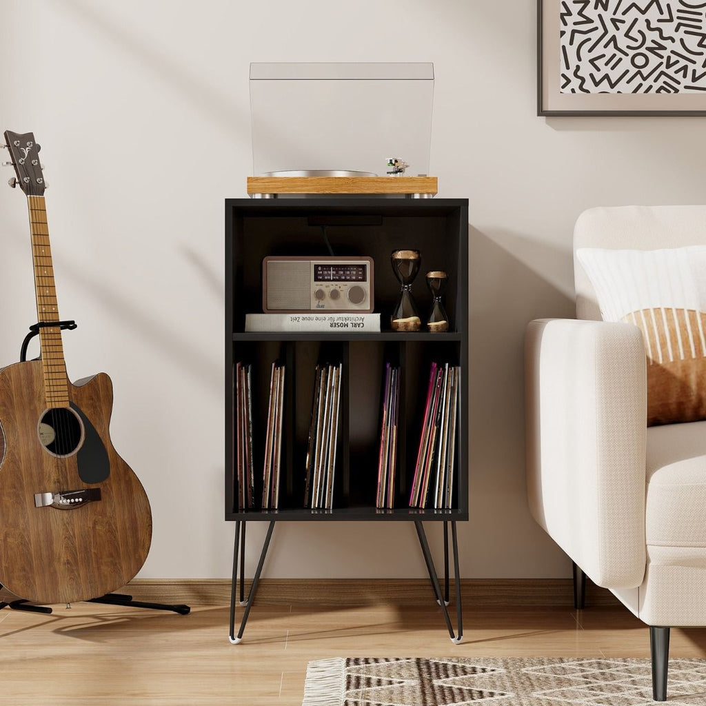 3-Tier Record Player Stand with Charging Station Shelf and 4 Dividers