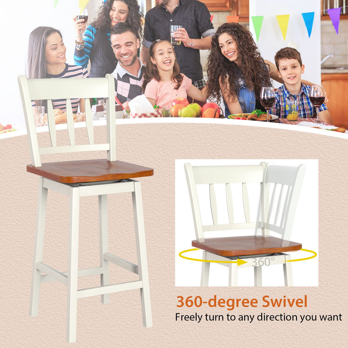 Set of 2 97Cm Swivel Rubber Wood Bar Stools with Backrest and Footrest