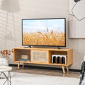Bamboo Entertainment Center with Rattan and Tempered Glass Sliding Doors