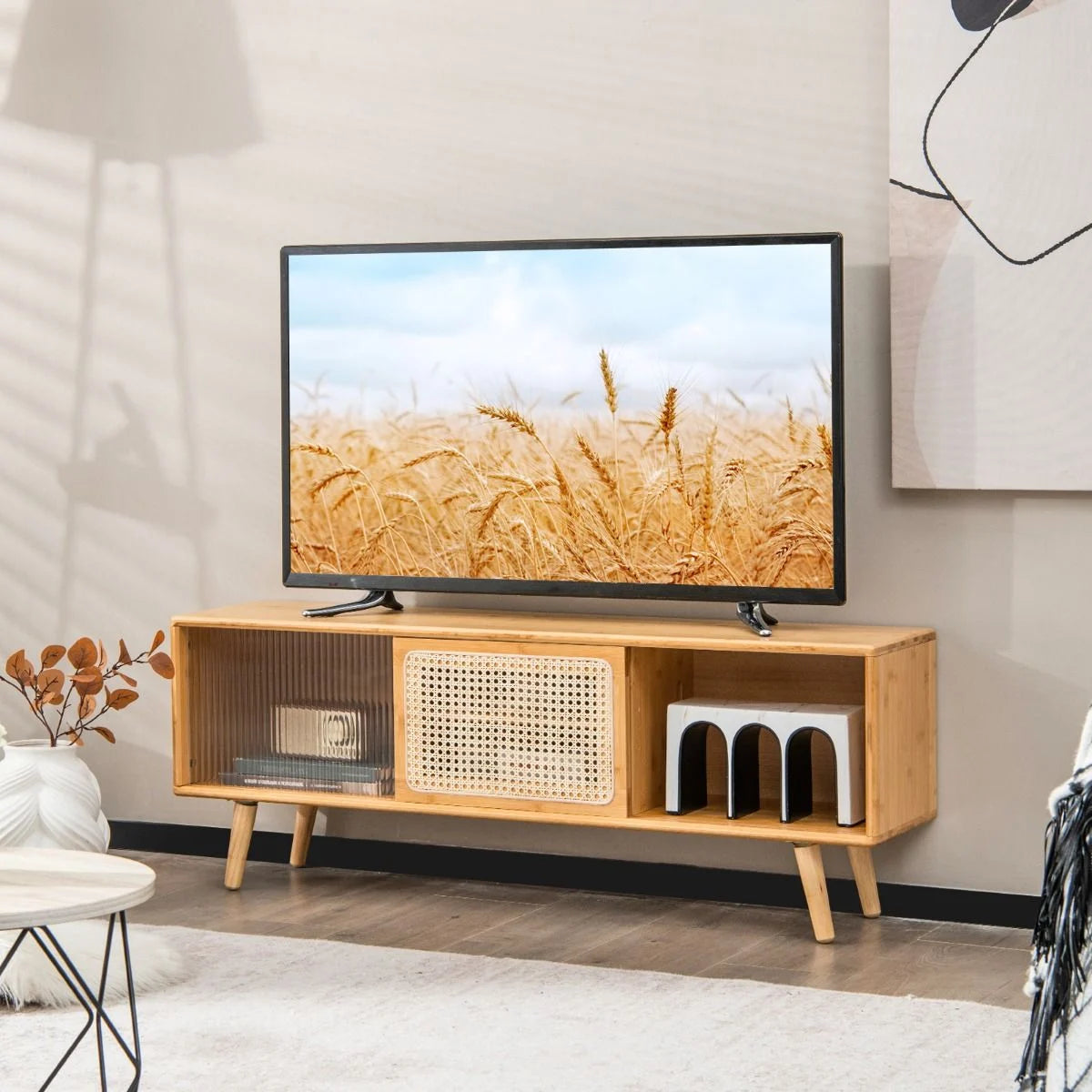 Bamboo Entertainment Center with Rattan and Tempered Glass Sliding Doors