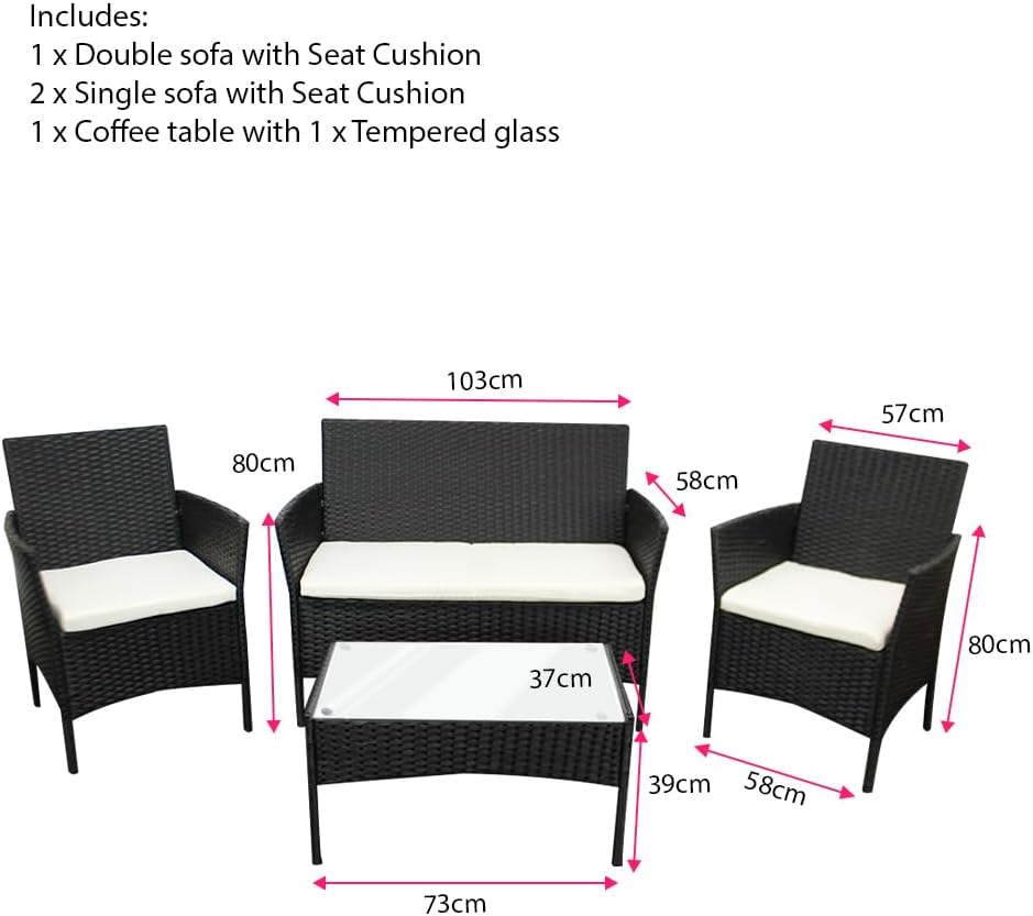 SEDOL 4-Piece Rattan Garden Furniture Sofa Set with Tempered Glass Coffee Table and 2 Armchairs Wicker Outdoor Patio Set with Water-Resistant Beige Cushions for Garden Balcony and Conservatory