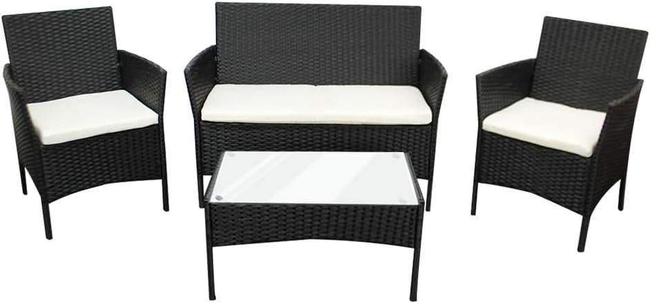 SEDOL 4-Piece Rattan Garden Furniture Sofa Set with Tempered Glass Coffee Table and 2 Armchairs Wicker Outdoor Patio Set with Water-Resistant Beige Cushions for Garden Balcony and Conservatory