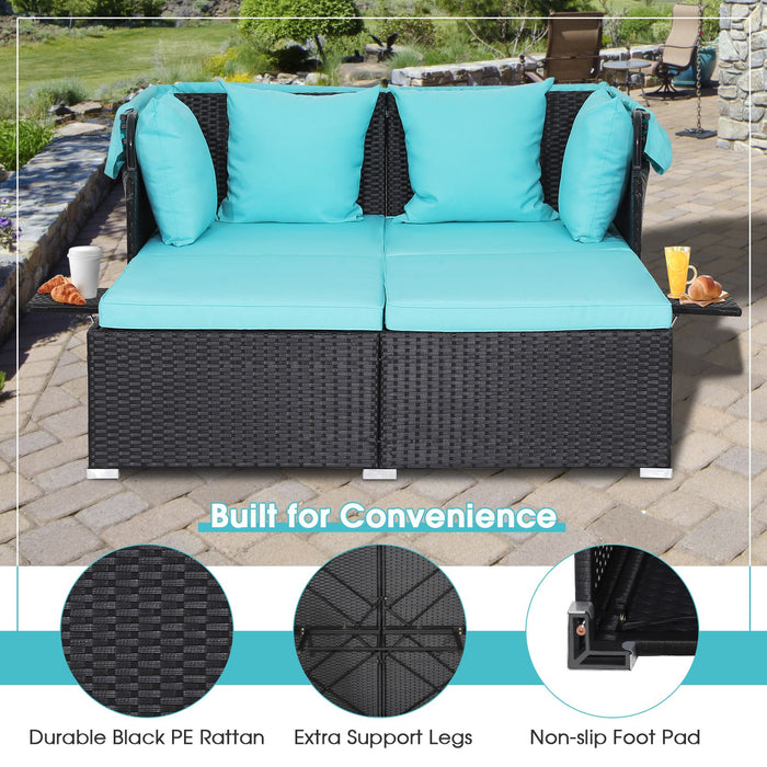 Rattan Daybed with Retractable Canopy, Cushions & Side Trays