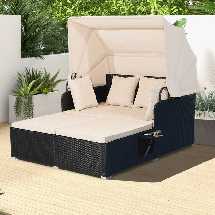 Rattan Daybed with Retractable Canopy, Cushions & Side Trays