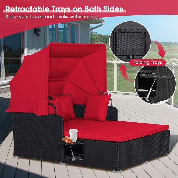 Rattan Daybed with Retractable Canopy, Cushions & Side Trays