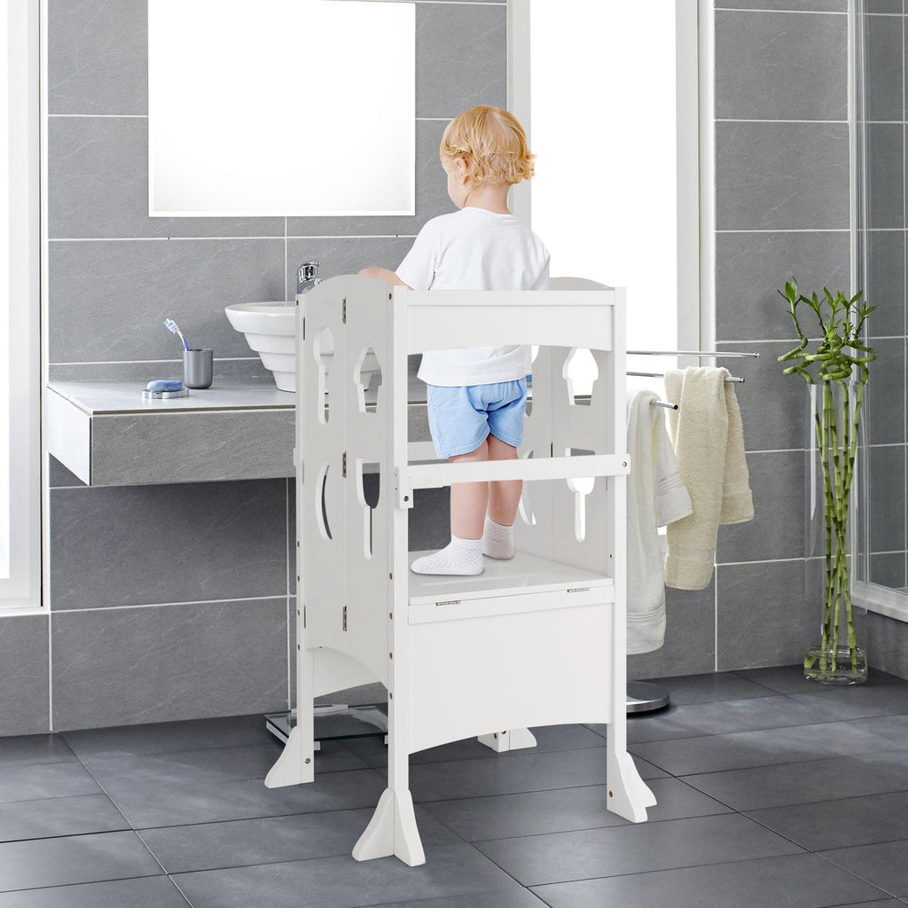 SEDOL Folding Montessori Learning Tower for Toddlers Space-Saving Height Adjustable Kitchen Helper Stool with Safety Latches and Full-Surround Guardrails