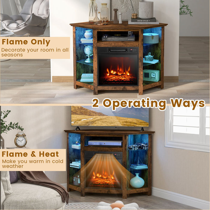 Corner TV Stand with Fireplace Insert and LED Lights