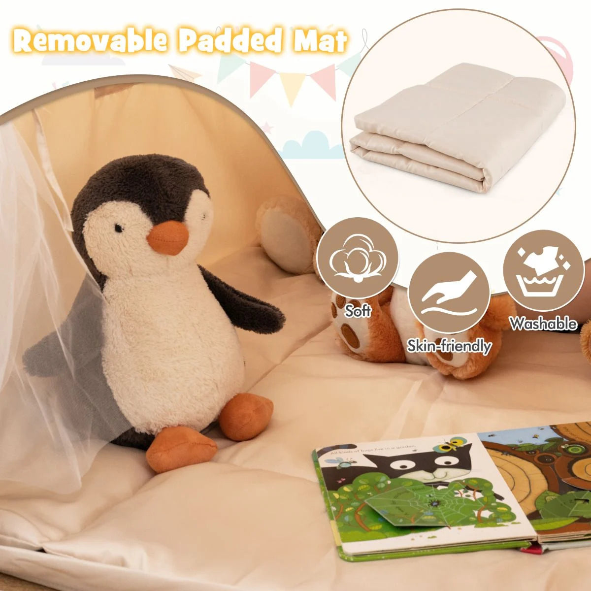 SEDOL Kids Play Tent with Glow-in-the-Dark Stars & Padded Mat Beige Indoor Playhouse with Fairy Lights and Bunting for Toddlers Nursery and Sensory Corner