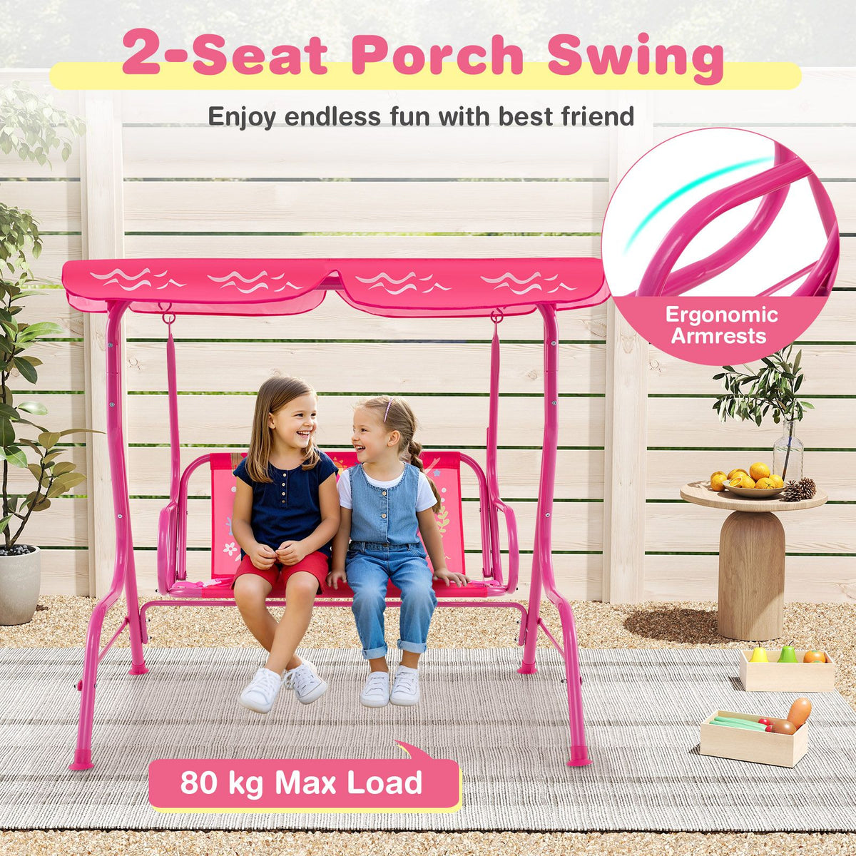 2-Seater Kids Swing Chair with Adjustable Canopy & Safety Belts