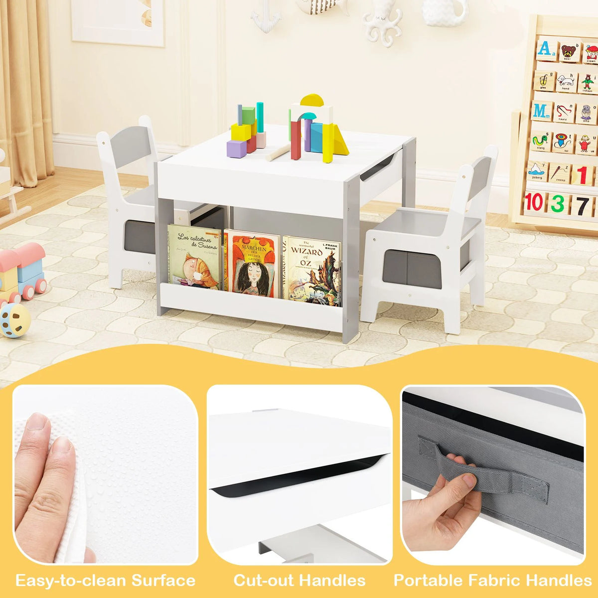 4 in 1 Kids Table and Chairs Set with Reversible Tabletop and Bookshelves