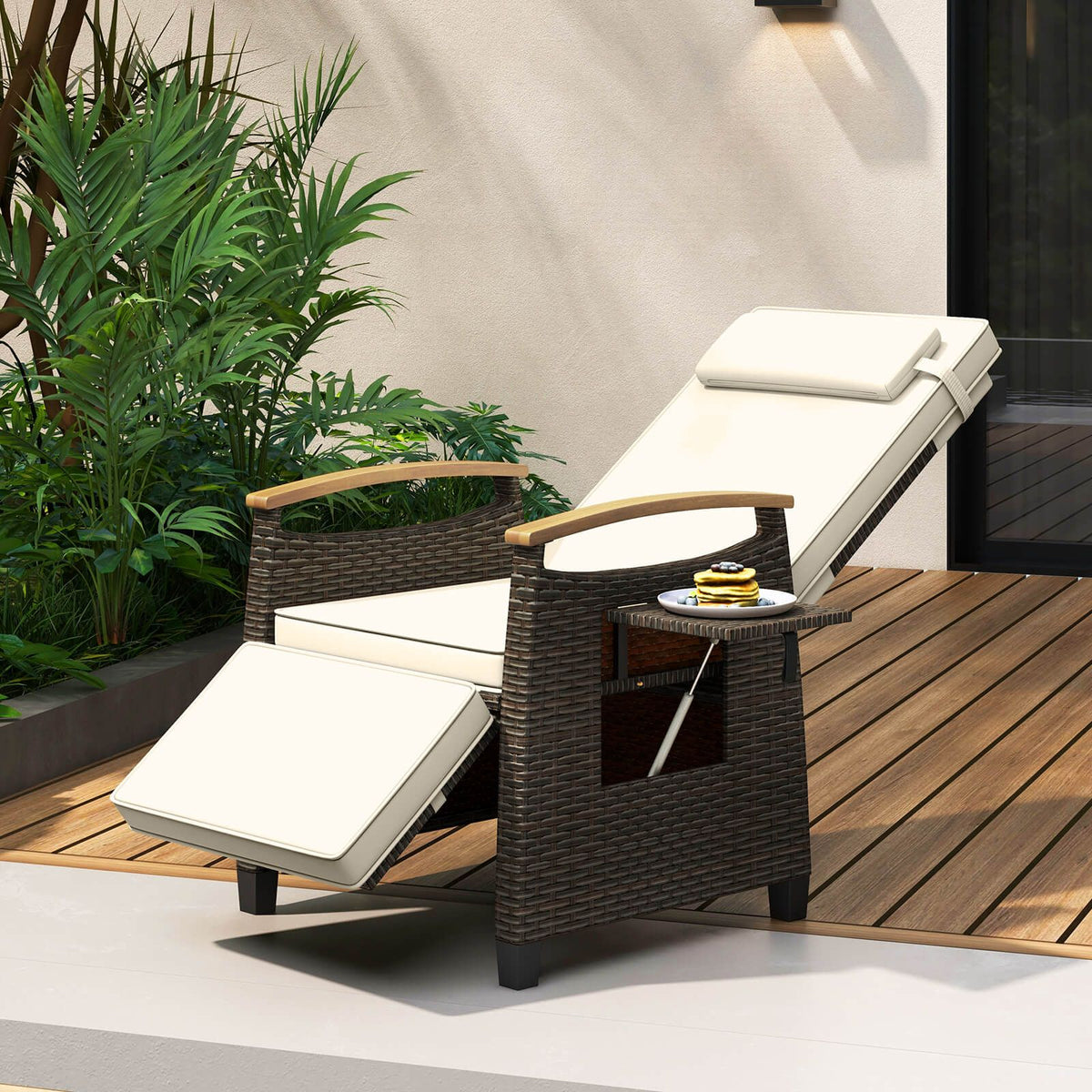Patio Rattan Recliner Chair with Adjustable Backrest, Footrest & Flip Side Table