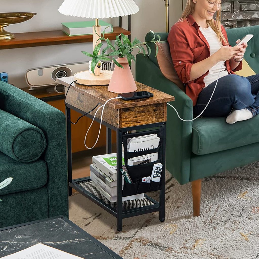 Industrial Slim Sofa Side Table with Charging Station and Flip Top