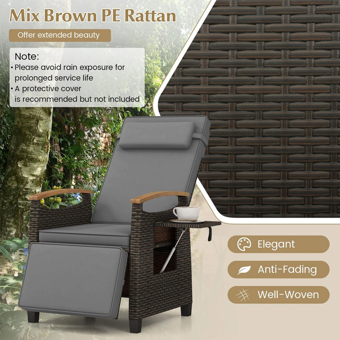 Patio Rattan Recliner Chair with Adjustable Backrest, Footrest & Flip Side Table