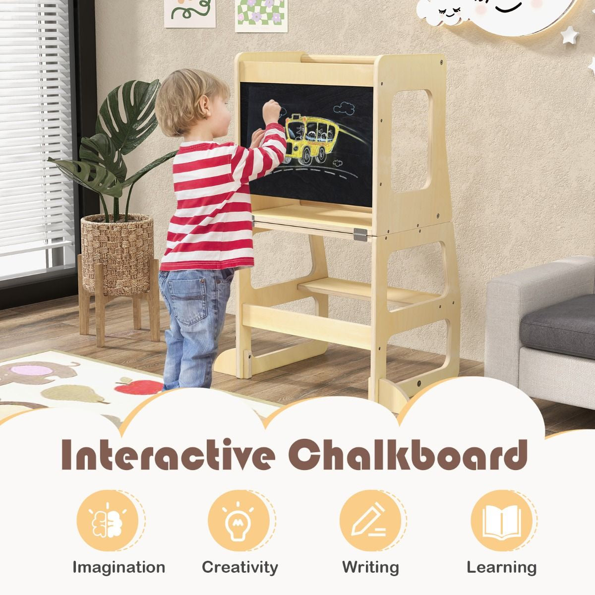 SEDOL 3-in-1 Montessori Convertible Learning Tower & Weaning Table with Integrated Chalkboard – Solid Wood Foldable Kitchen Helper Stool with A-Frame Stability – 60kg Capacity