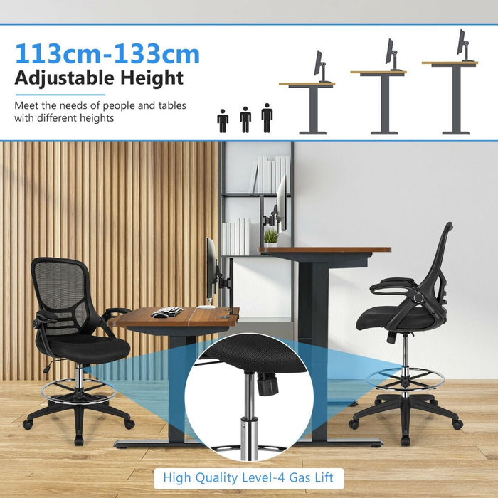 Mesh Drafting Chair with Flip-Up Armrests and Mid-Back Padded