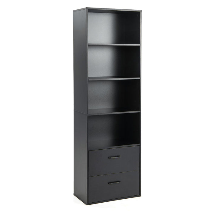 6-Tier Modern Wooden Bookshelf with 4 Open Shelves and 2 Drawers