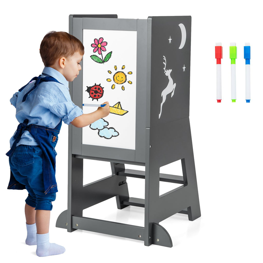 SEDOL 3-in-1 Montessori Learning Tower with Double-Sided Chalkboard & Whiteboard – Height-Adjustable Kitchen Helper Stool with Safety Rails and Anti-Tip Base