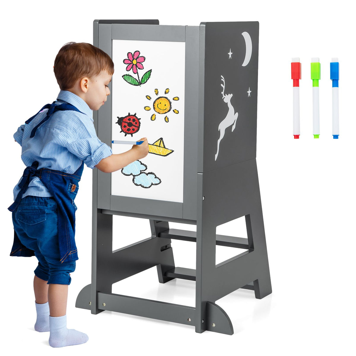 SEDOL 3-in-1 Montessori Learning Tower with Double-Sided Chalkboard & Whiteboard – Height-Adjustable Kitchen Helper Stool with Safety Rails and Anti-Tip Base