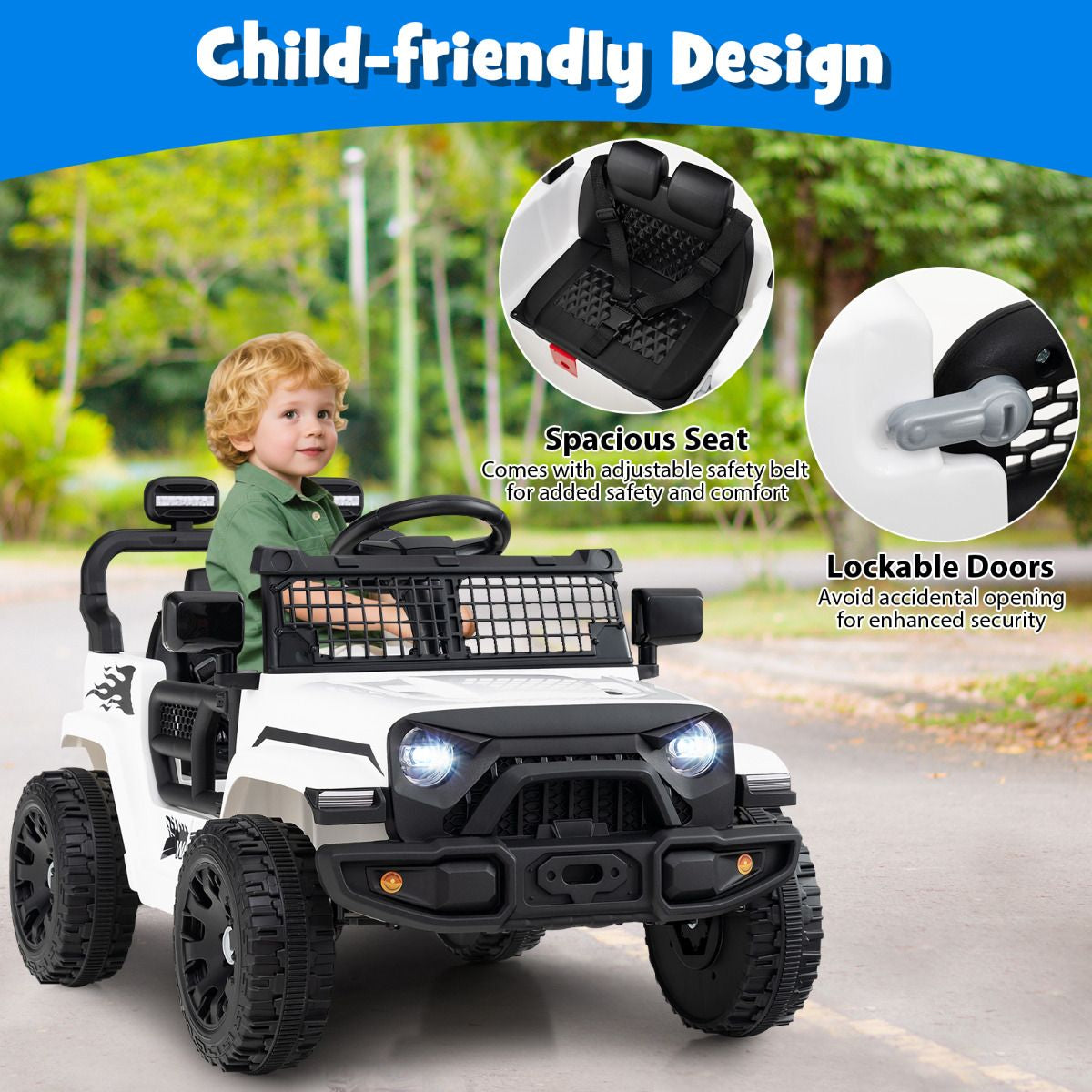 SEDOL 12V Electric Ride-On Truck for Kids with Parental Remote Control Dual 25W Motors All-Terrain Shock Absorbers LED Headlights and Soft-Start Safety System